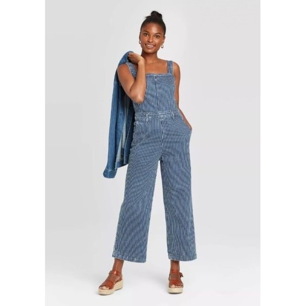 Universal Thread Railroad Stripe Wide Leg Denim Jumpsuit Blue White Size 4/27